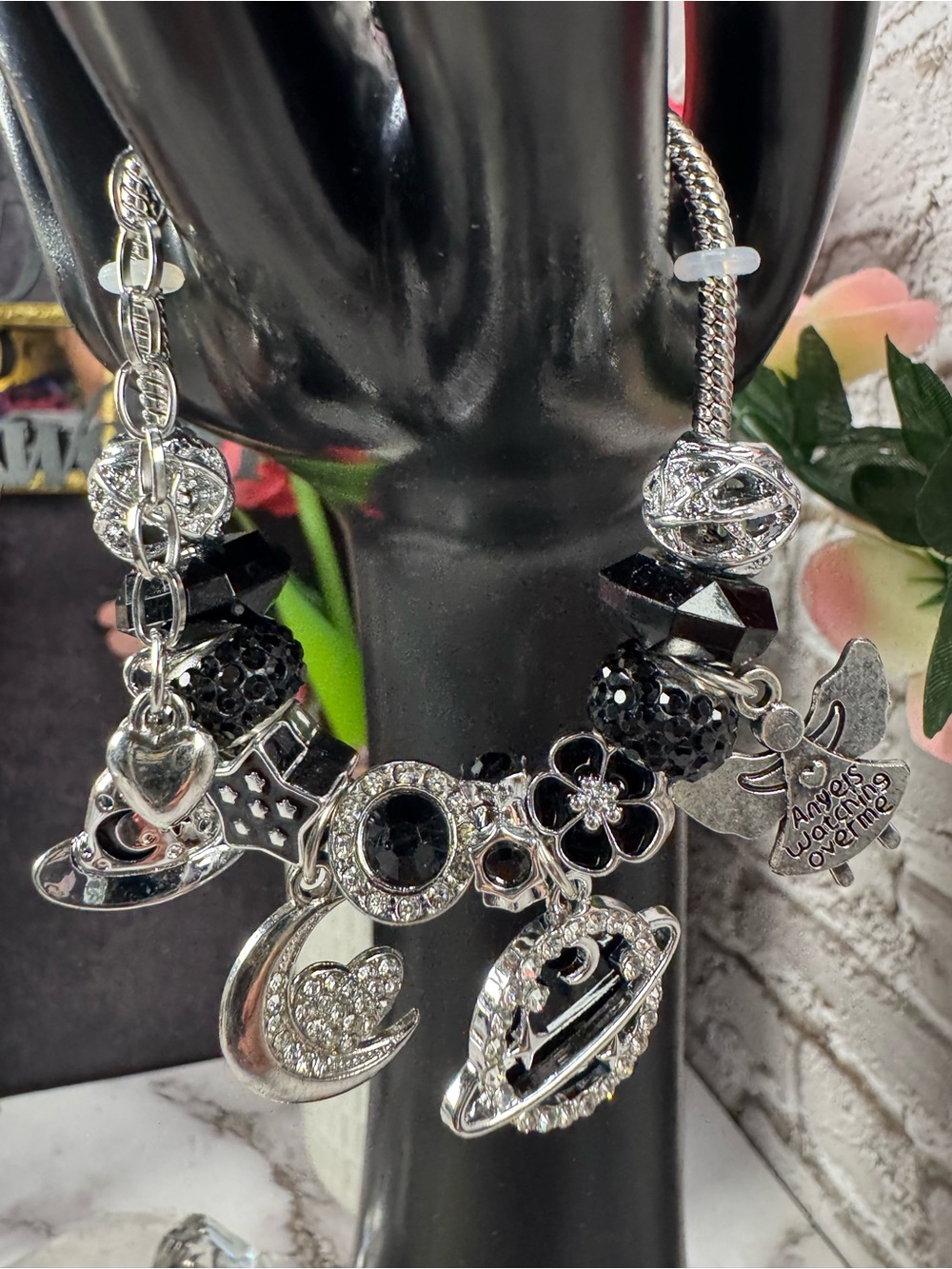 Silver and Black Charm Bracelet Necklace -